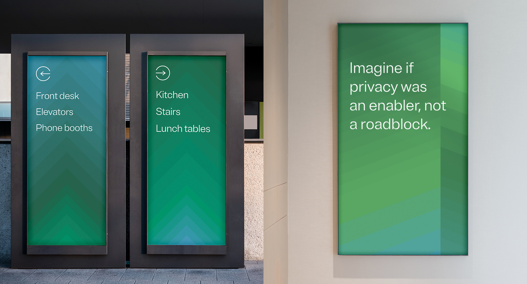 Two photos with examples of the proper use of font and gradients on public displays.