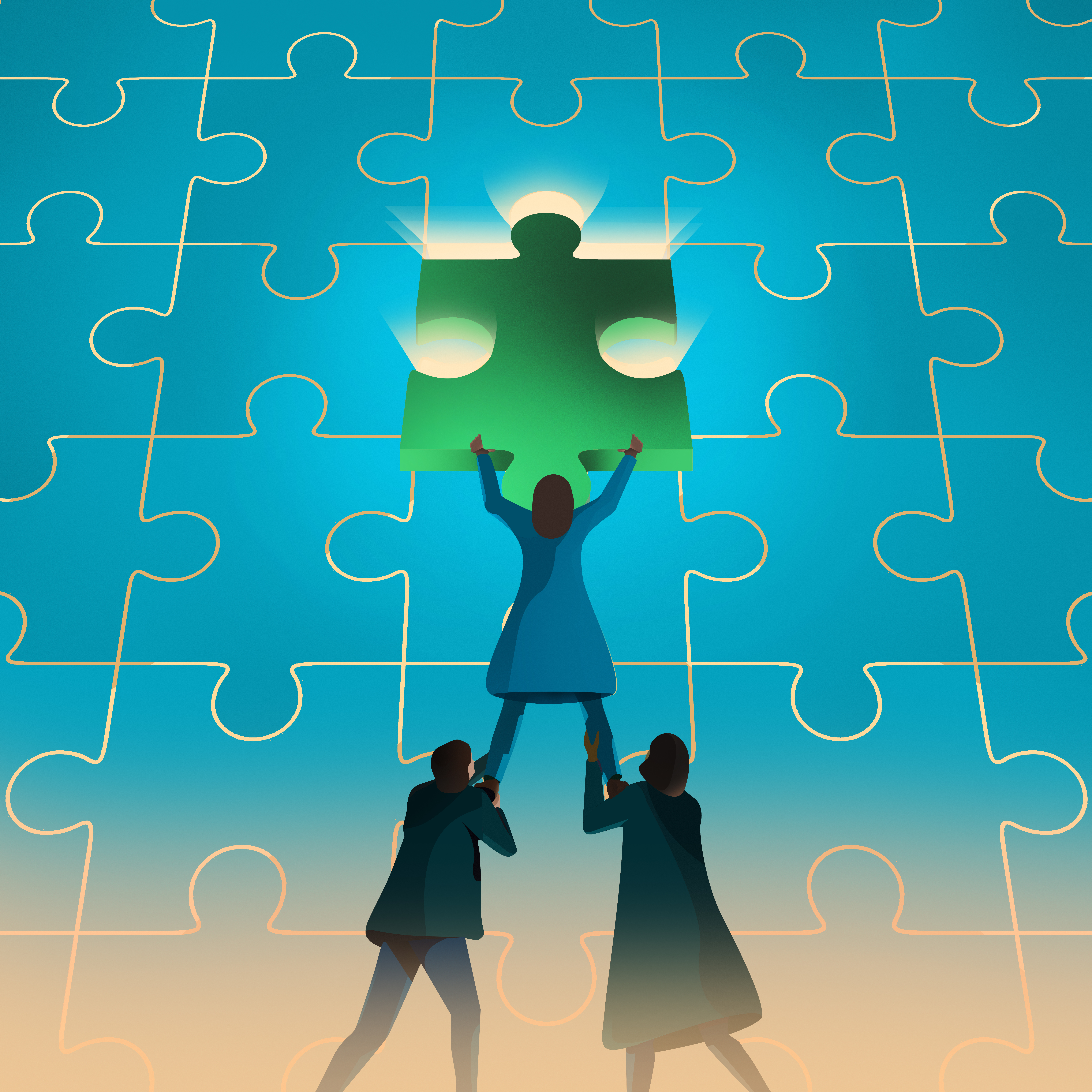 Illustration of two people hoisting their teammate up to place a missing puzzle piece into its slot on a wall.