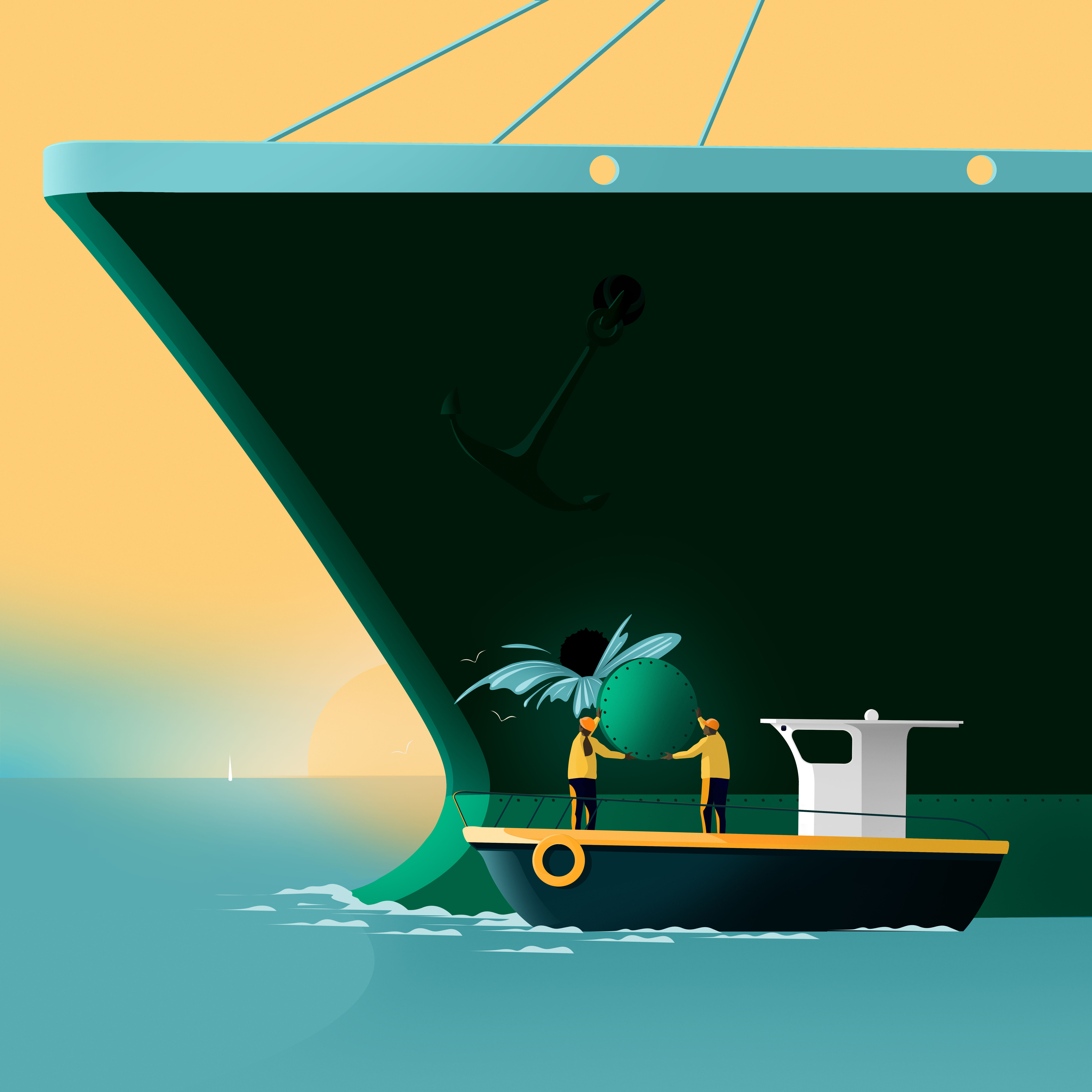Illustration of two men attempting to plug a large leak in a ship's hull.