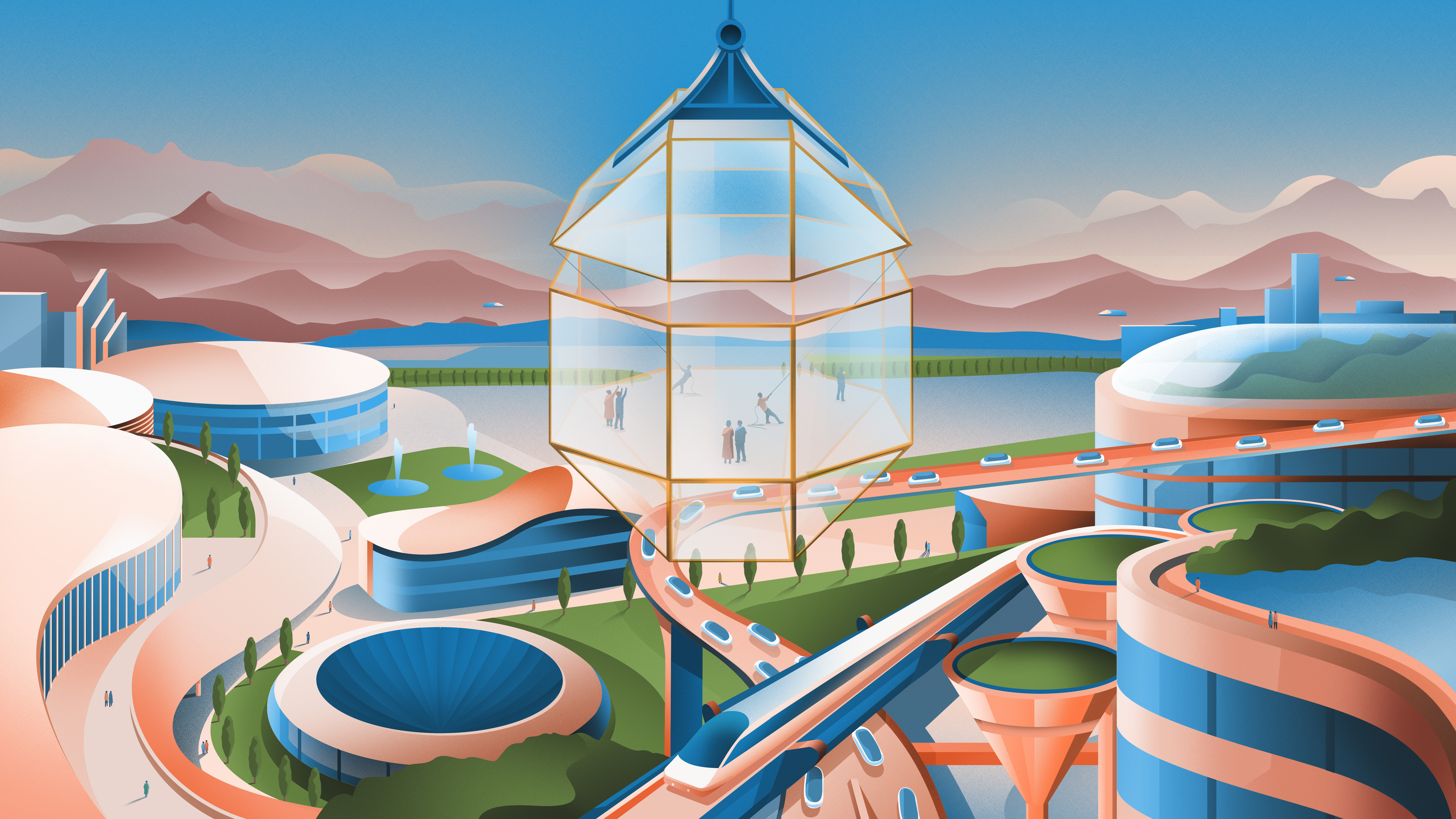 Illustration of a bustling city with workers assembling a large glass structure.