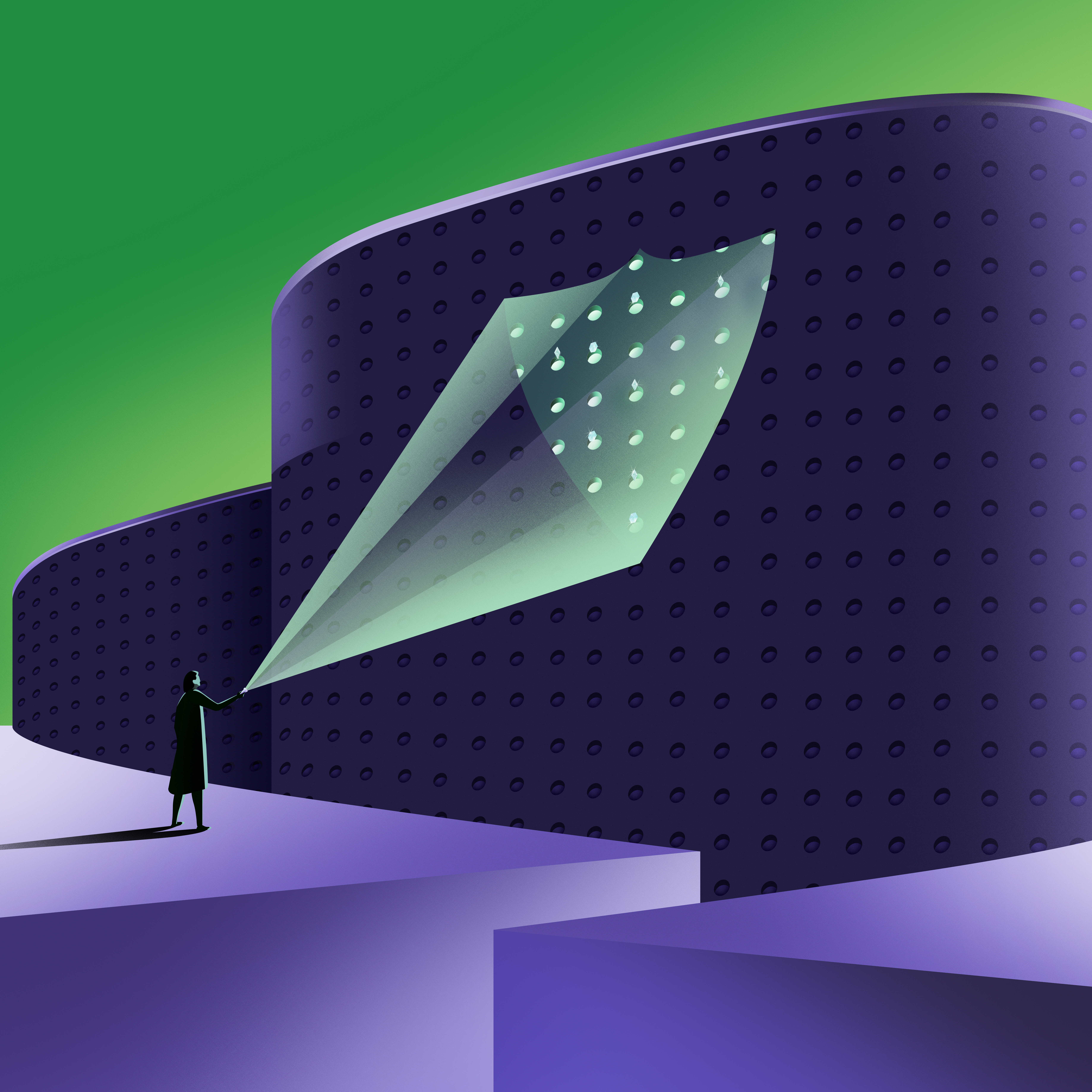 Illustration of a man shining a light on a hole-filled wall.