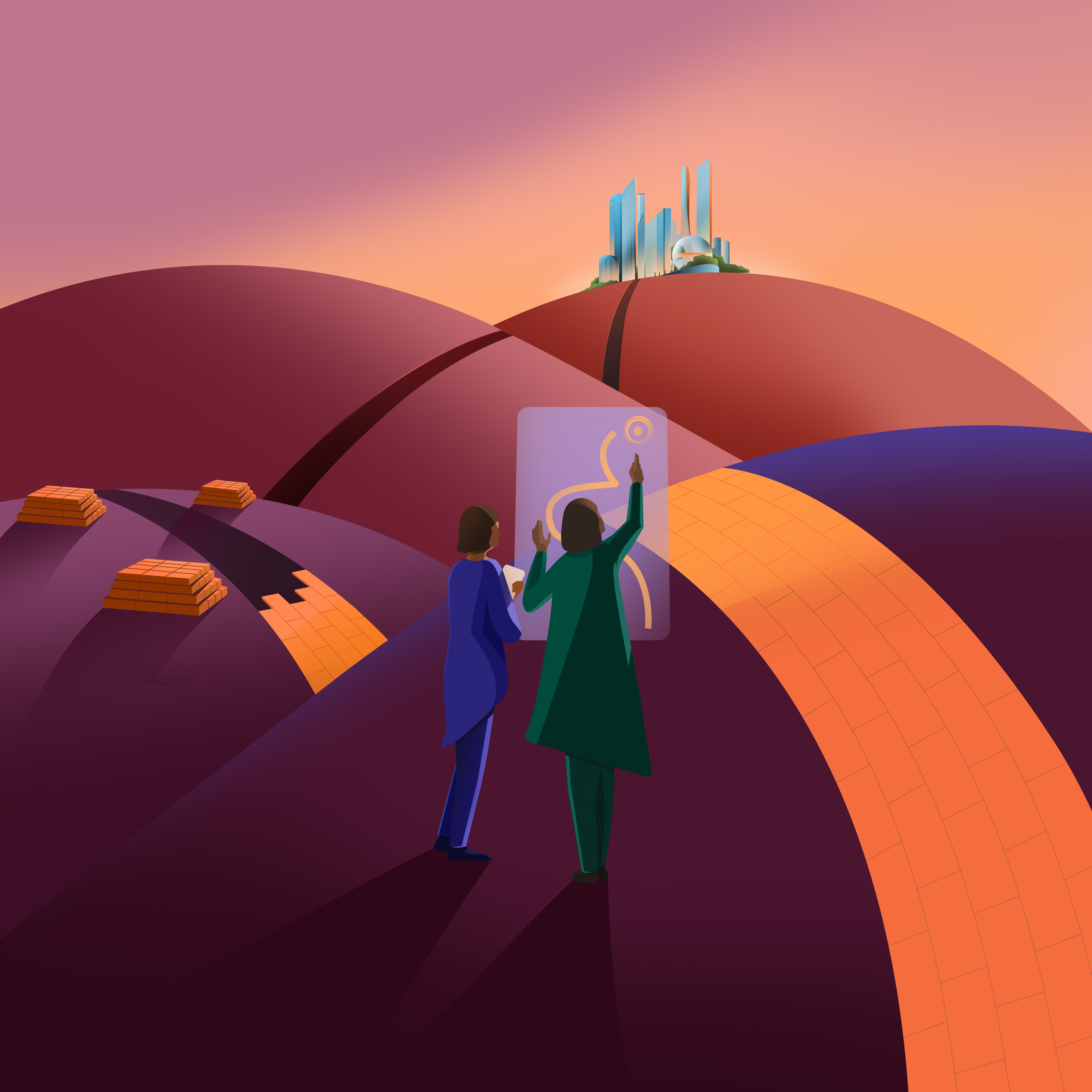 Illustration of two people on a hill overlooking a city. They are consulting a map.