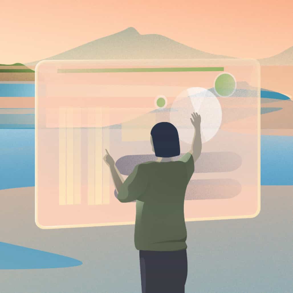 Illustration detail showing someone creating a chart on a large touch screen display.