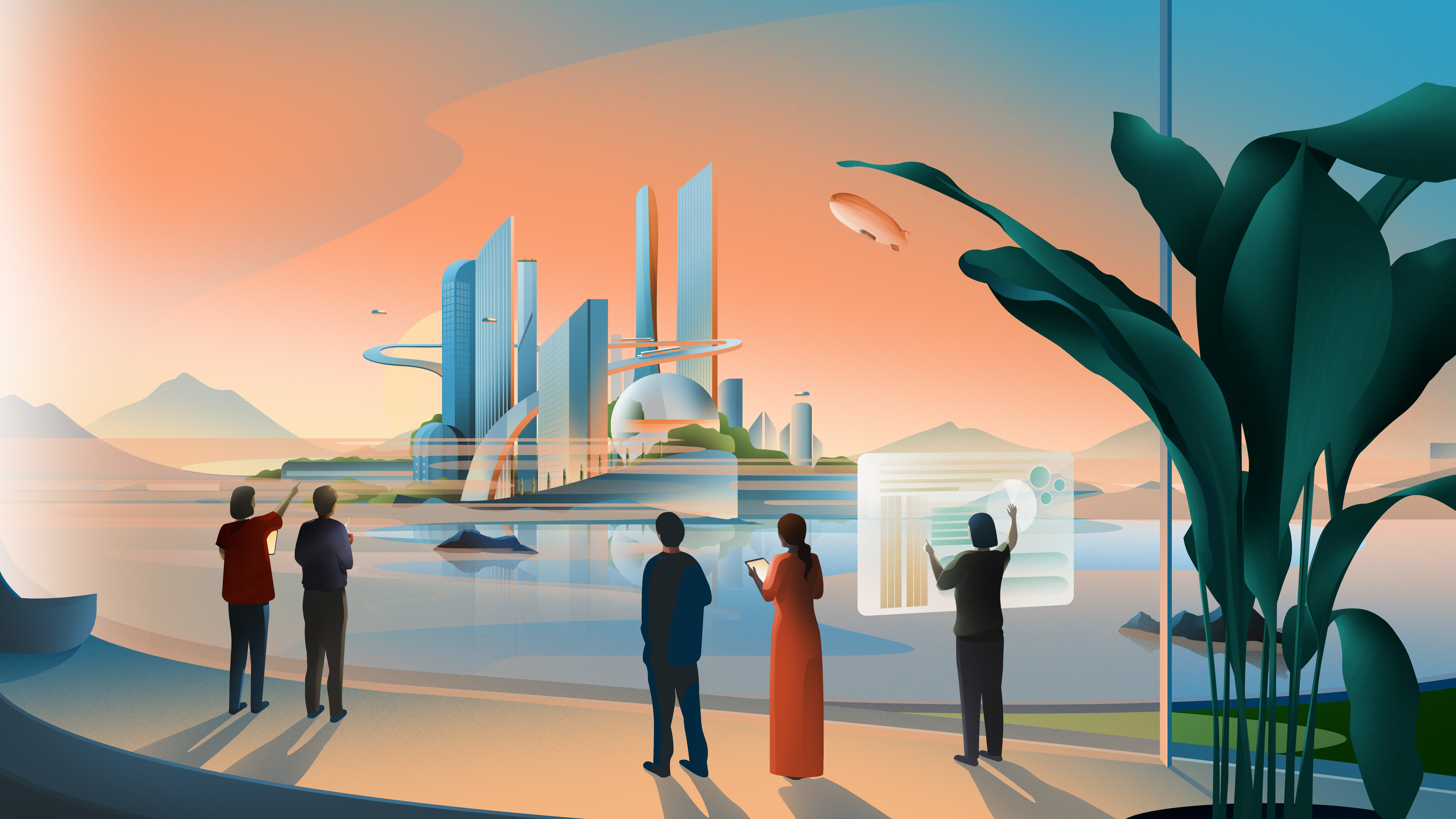 People overlooking a city skyline through a large window.