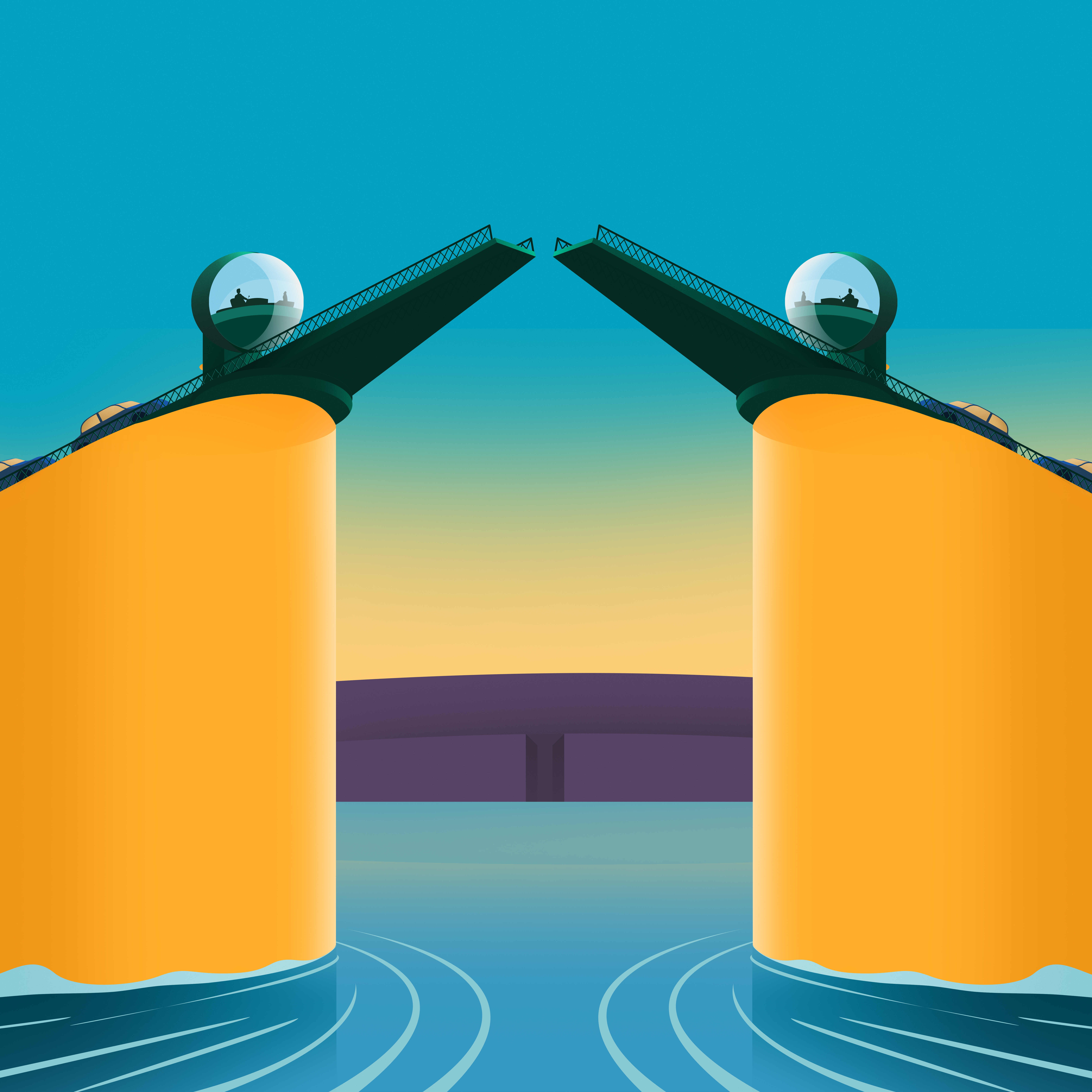 A draw bridge with its spans raised to allow ships to pass under it.