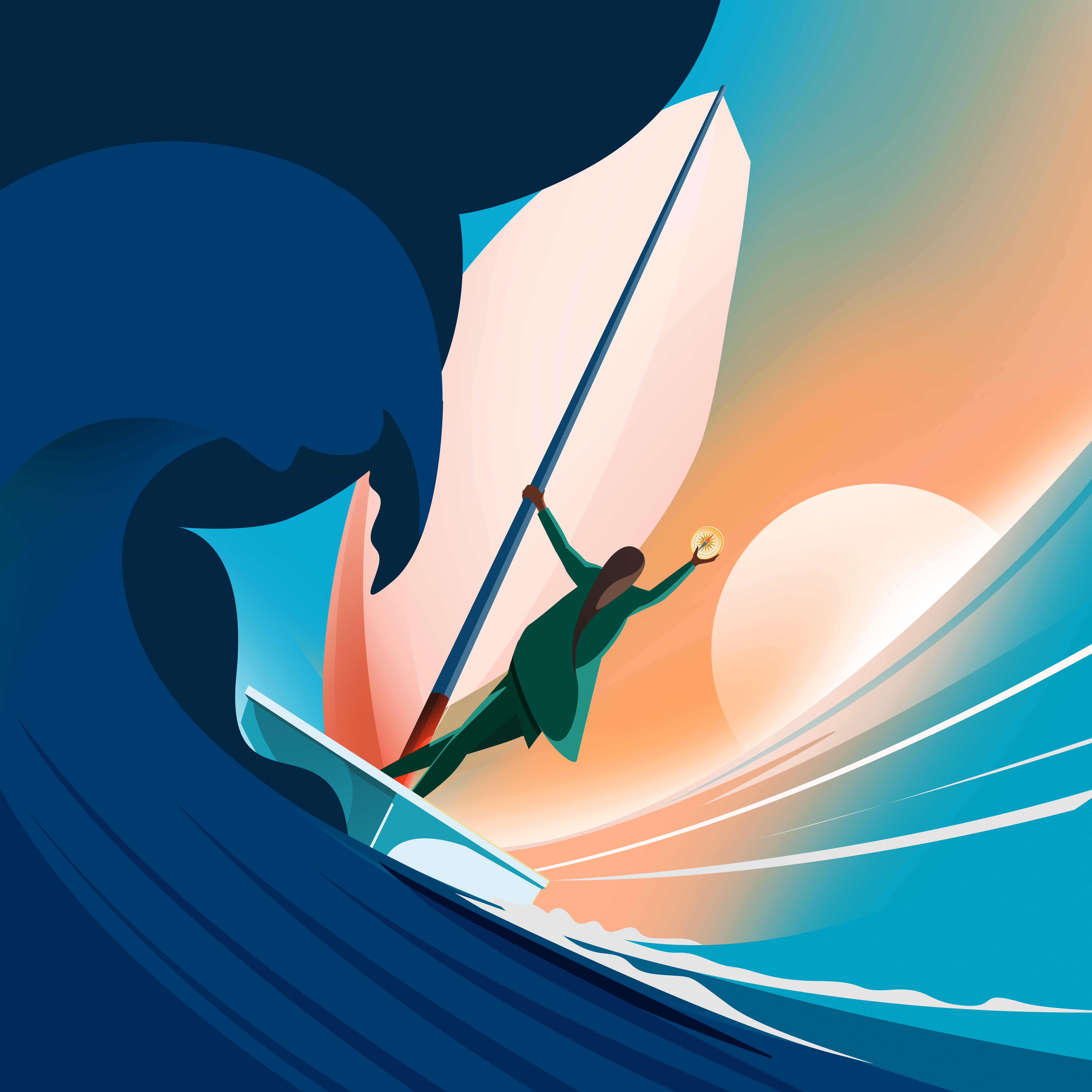 Illustration of a woman riding a sailboat through ocean waves. She's holding a glowing sphere to help her see.