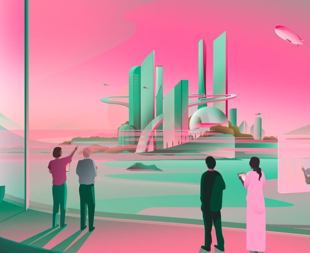 Illustration of people viewing a city skyline through a large window. The colors of this image were altered beyond its accepted values.