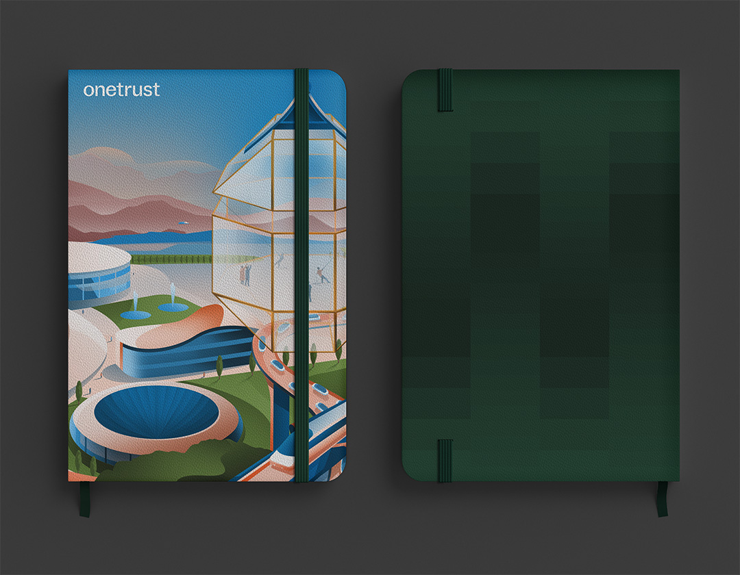 Mock up of a OneTrust illustration on a notebook. This runs counter to accepted brand usage.