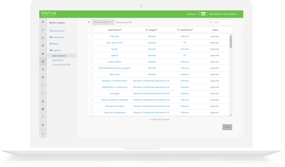 OneTrust Data Mapping Data Elements