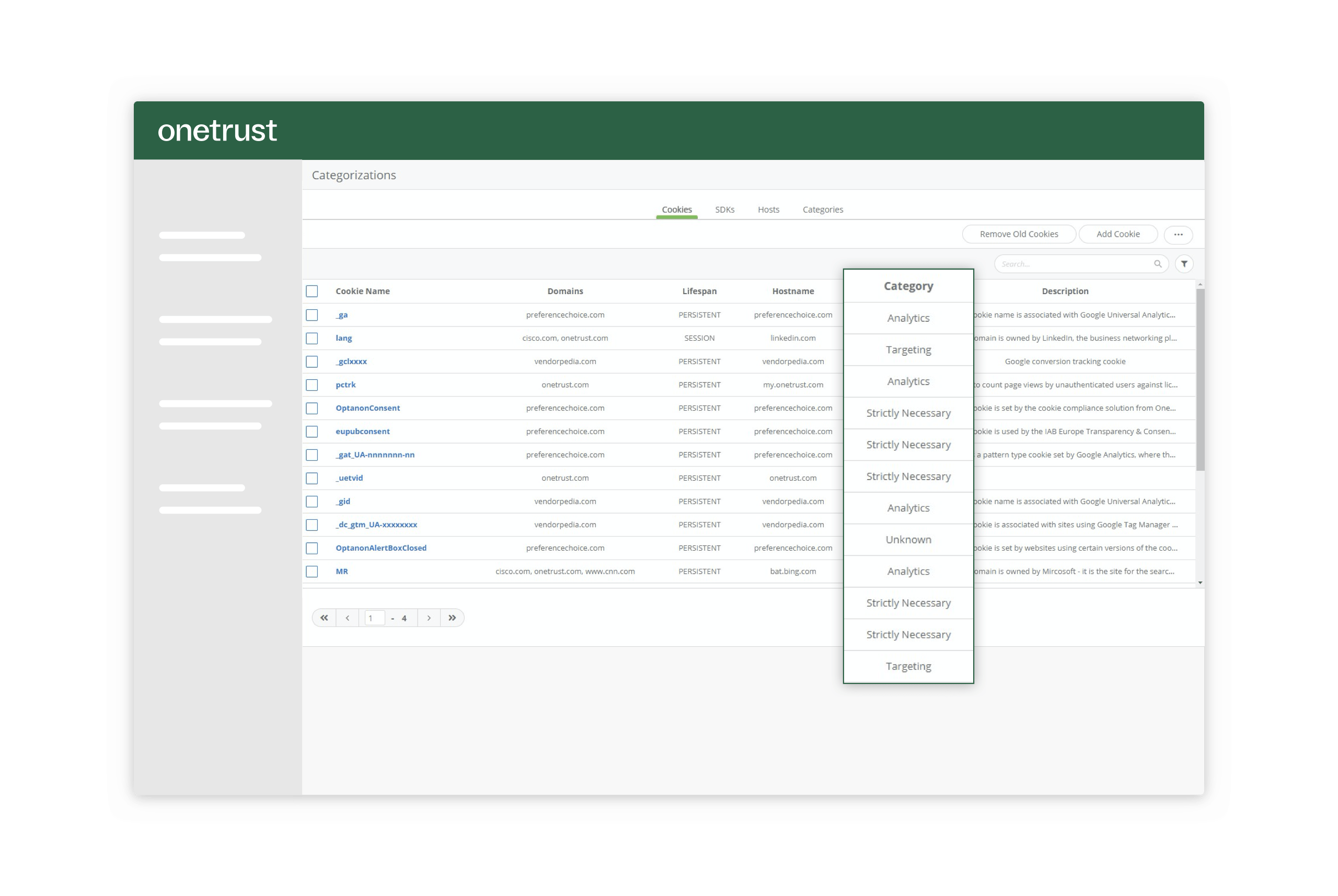 The cookie and tracking auto-categorization dashboard that sorts your website's trackers by type and purpose.