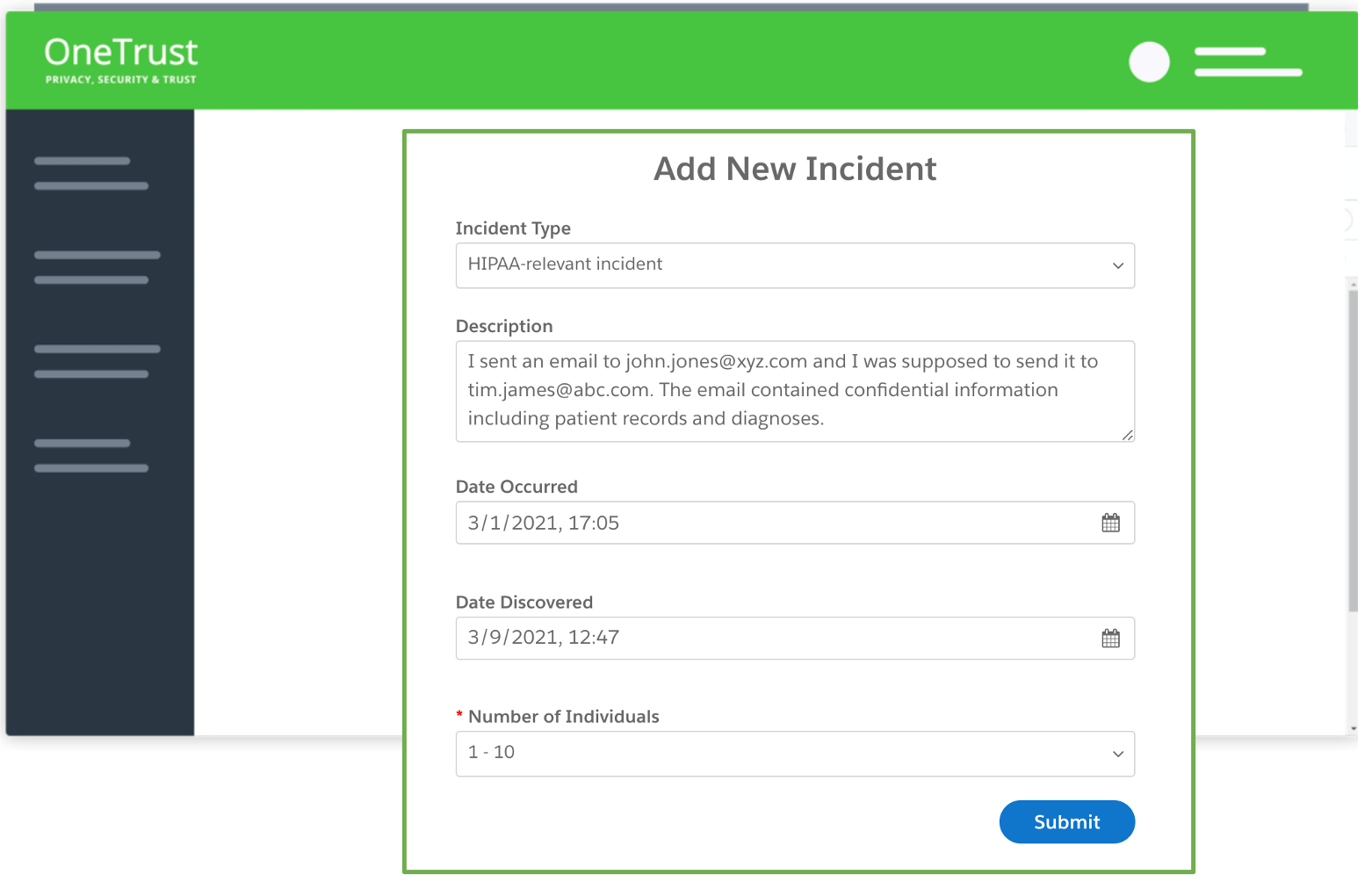 Add New Incident Intake Screen Example