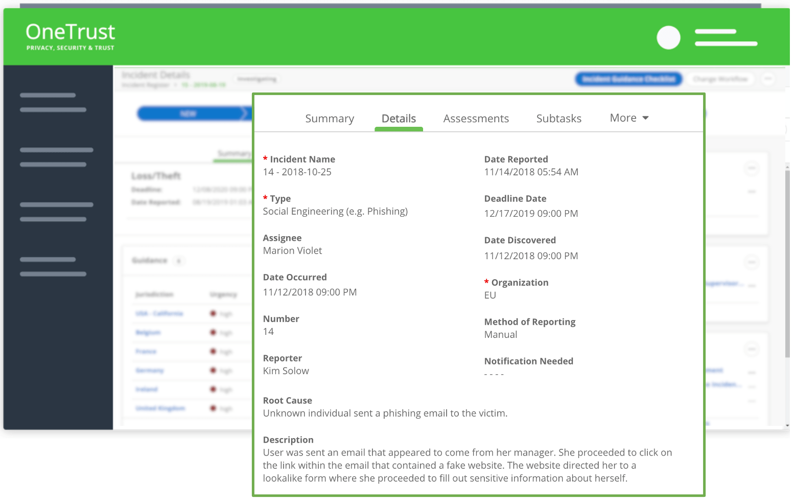 Privacy Incident Details Screen Example