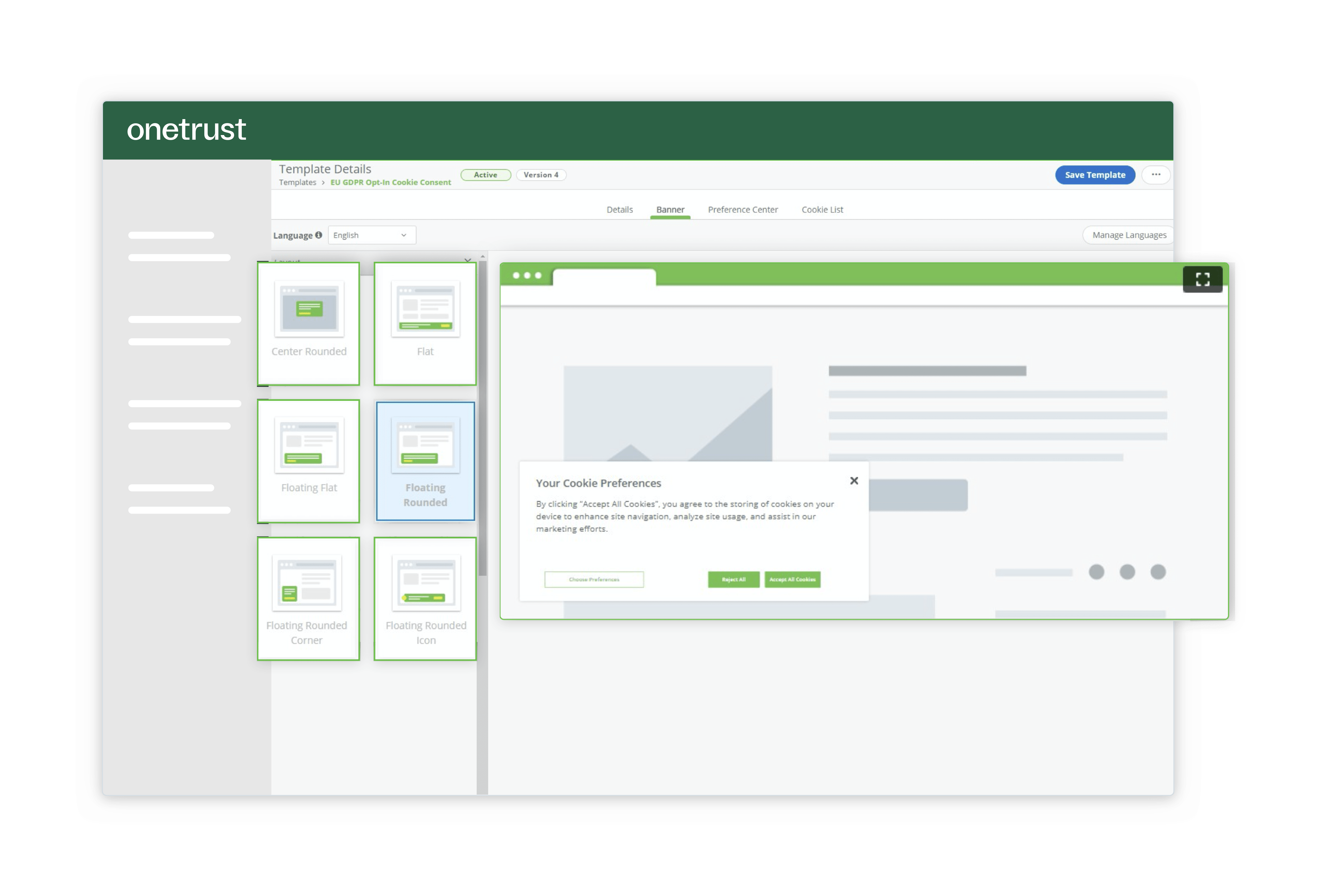 The customizable template menu of the privacy management cloud solution that allows users to create a privacy-by-design cookie banner.