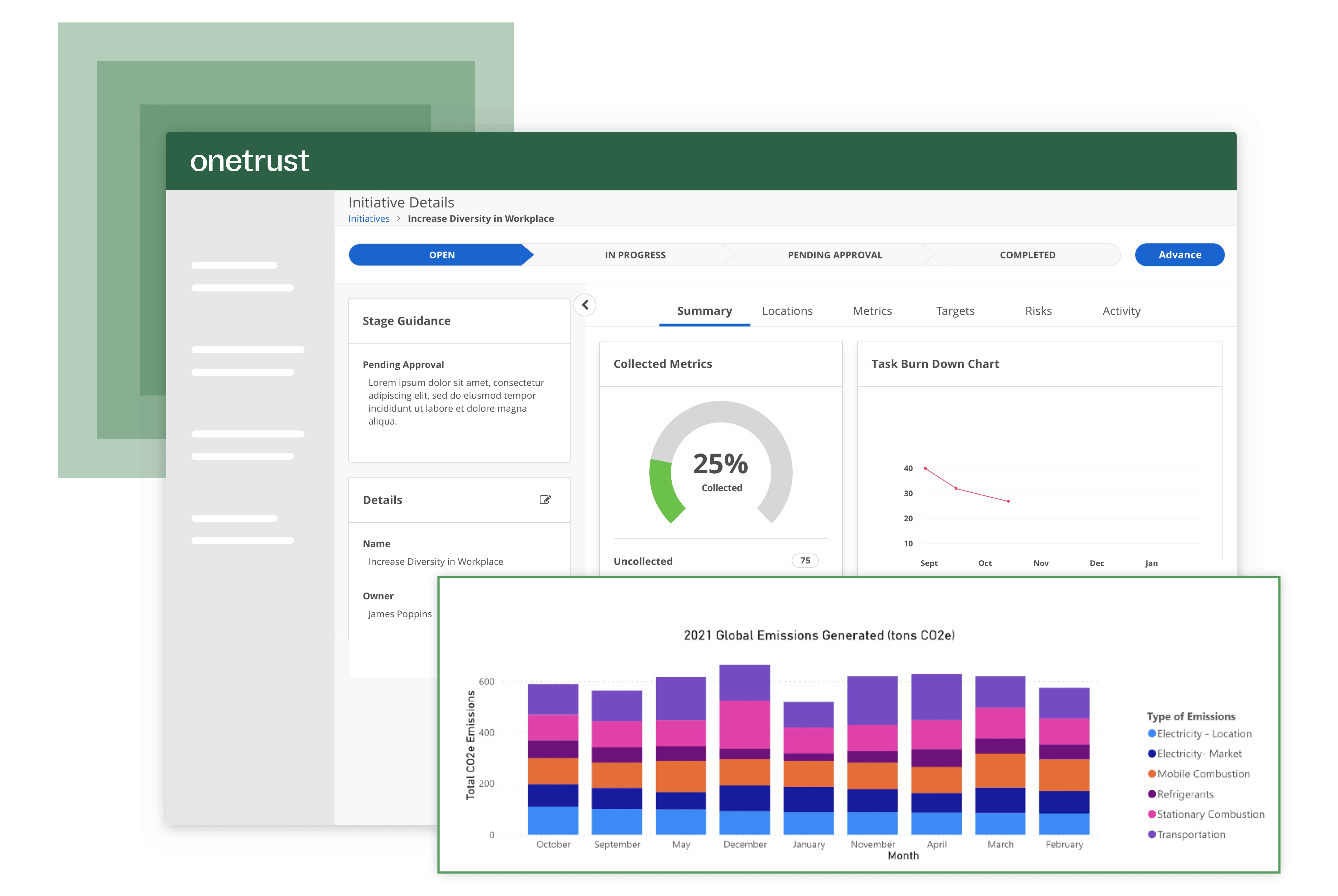 The ESG Program Management module where the details of a diversity initiative can be seen with metrics, workflows, and bar charts.
