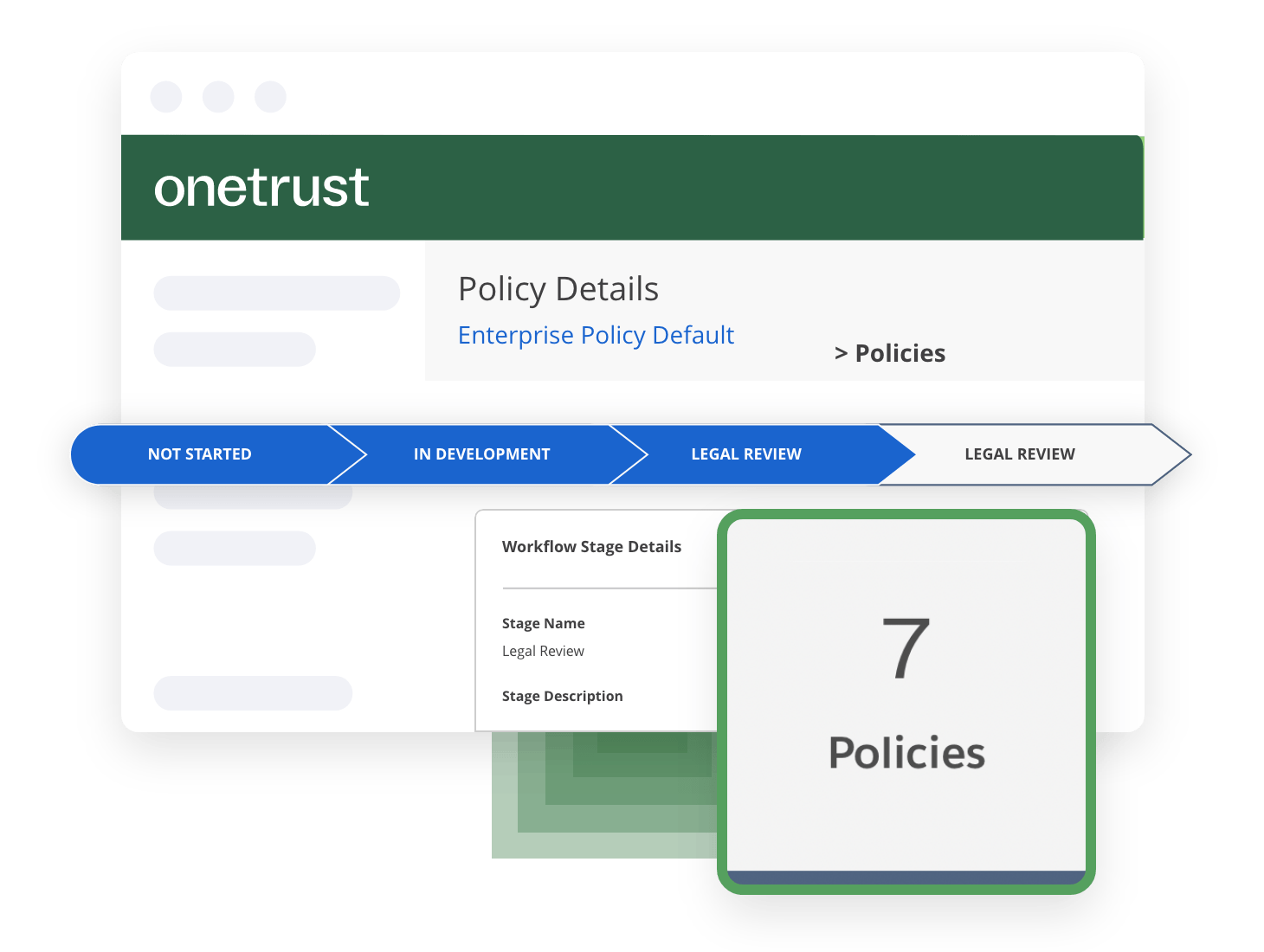 Mockup of the GRC and Security management cloud that shows the number of outstanding policies