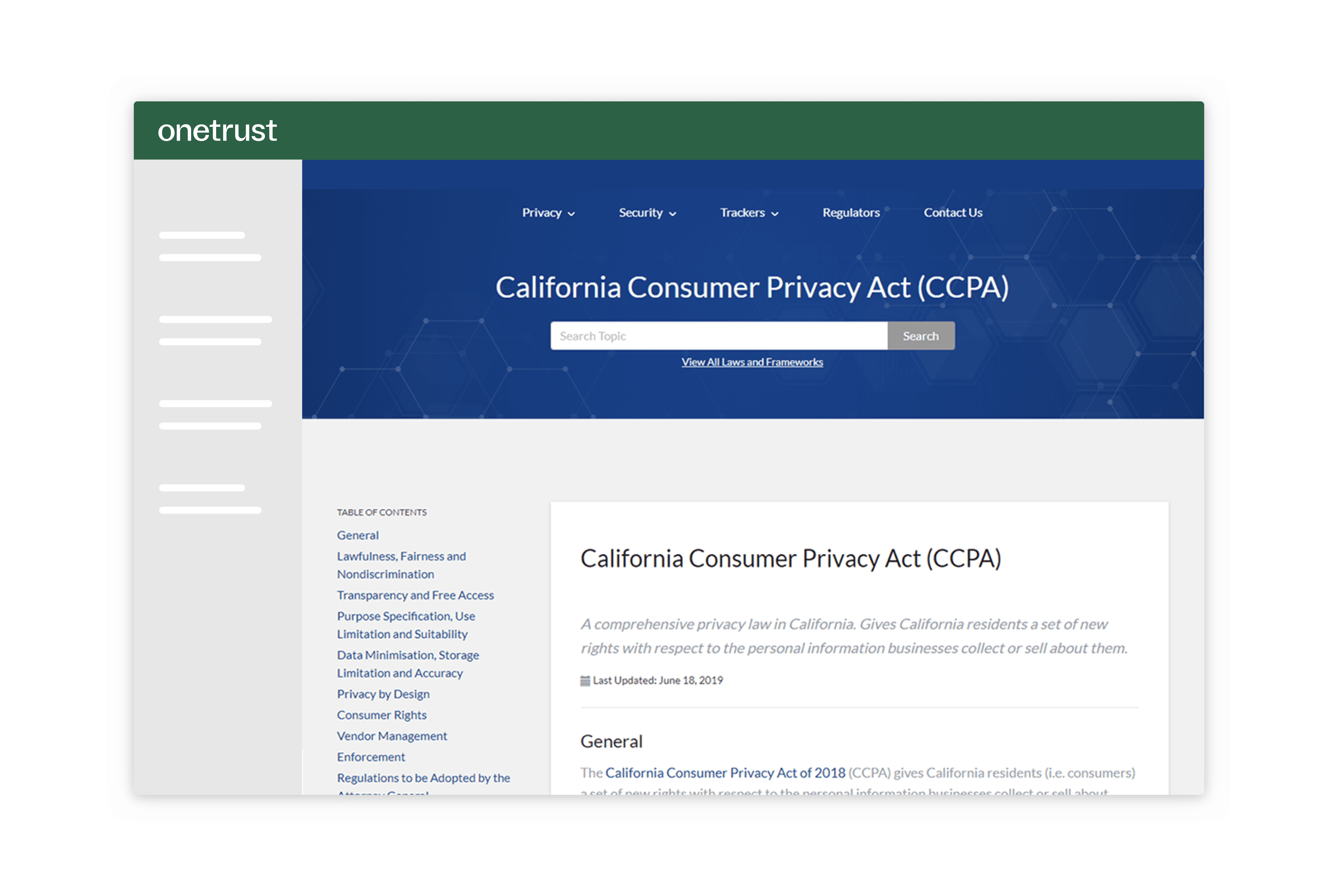 Screen from DataGuidance that explains the California Consumer Privacy Act (CCPA).