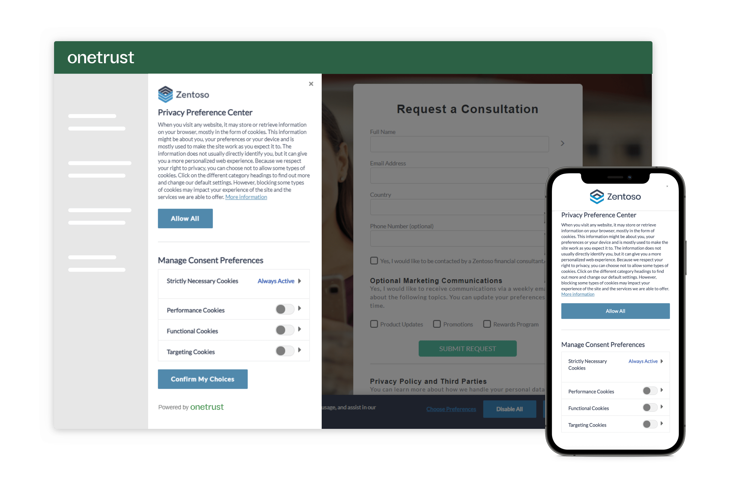 A feature of the Consent and Preferences cloud solution that shows how a cookie preferences banner is displayed on a desktop computer and a mobile device.