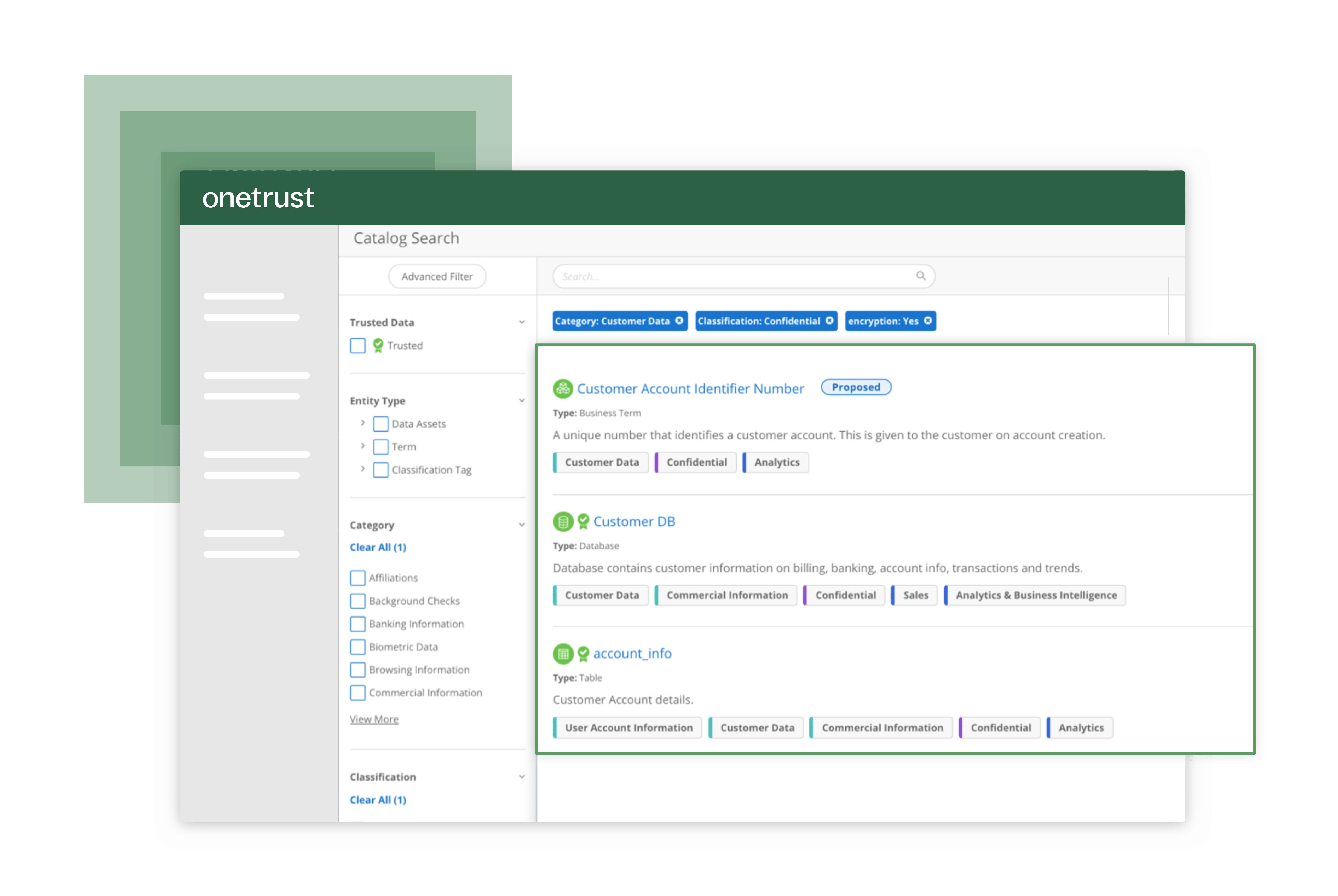 Mockup of the Data Governance cloud where users can see a catalogue of their data.