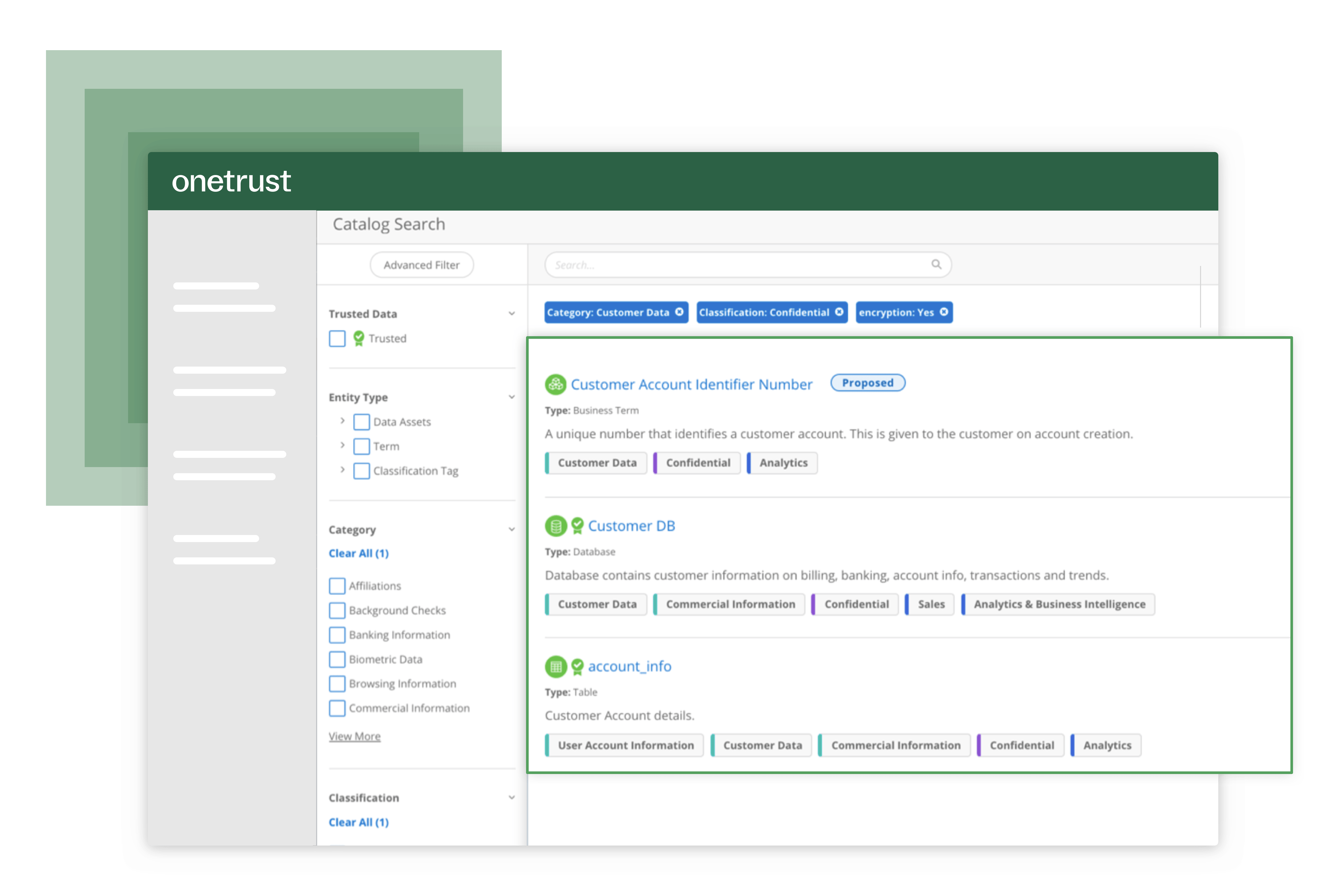 Mockup of the Data Governance cloud where users can see a catalogue of their data.