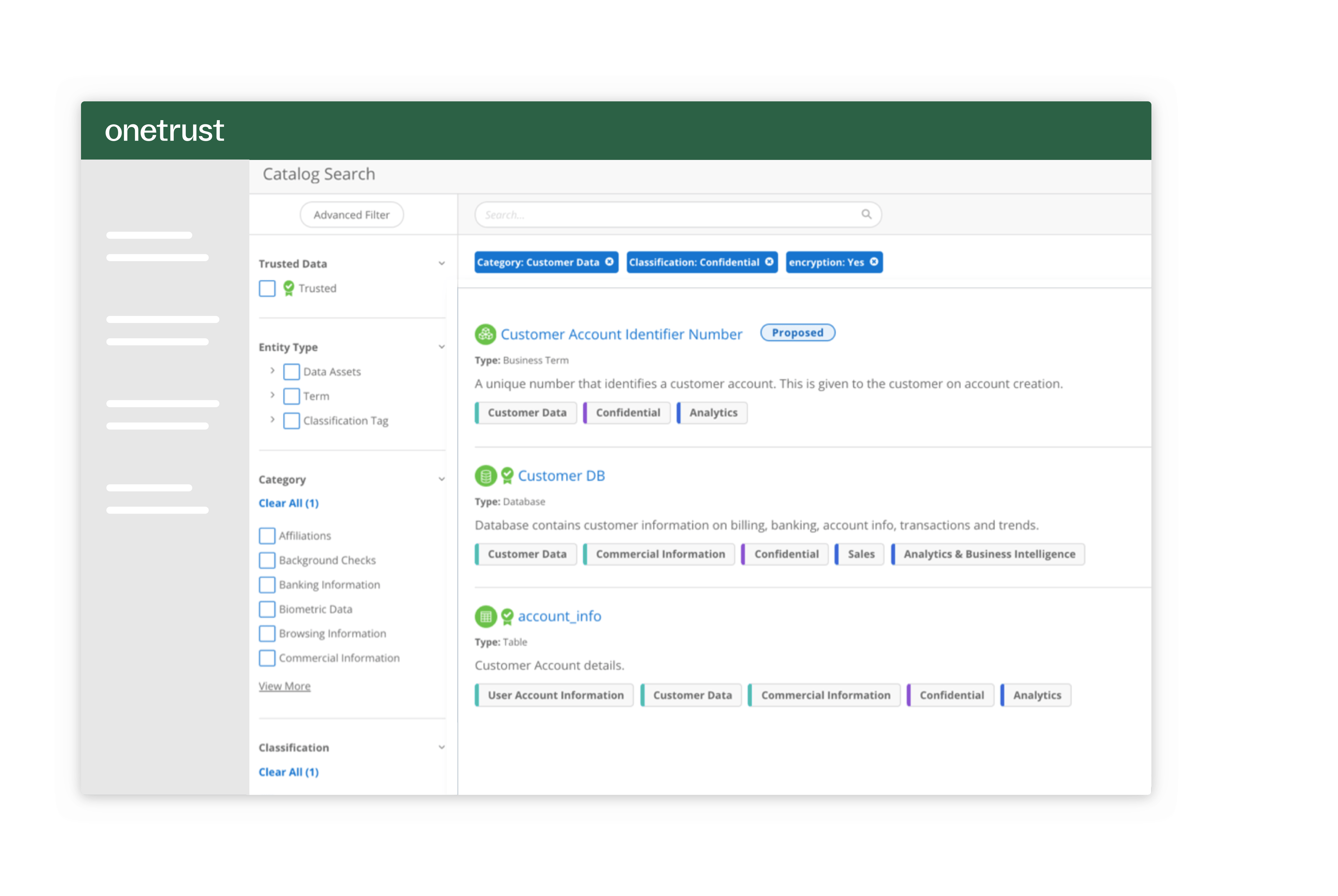 Screen from the OneTrust Data Governance cloud solution where data can be catalogued and displayed with filters.