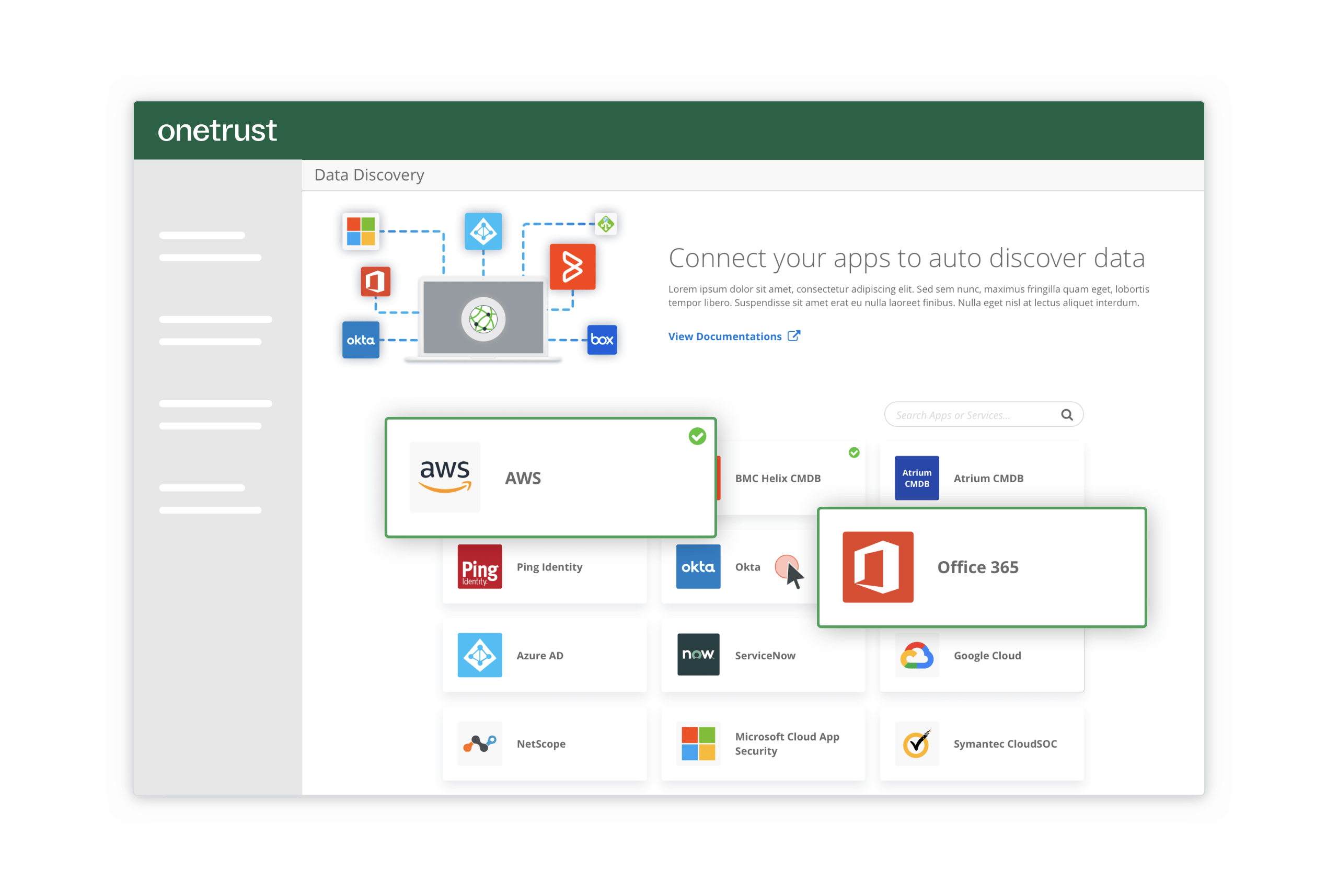 The OneTrust Data Governance dashboard where a user could connect third party APIs to the module.
