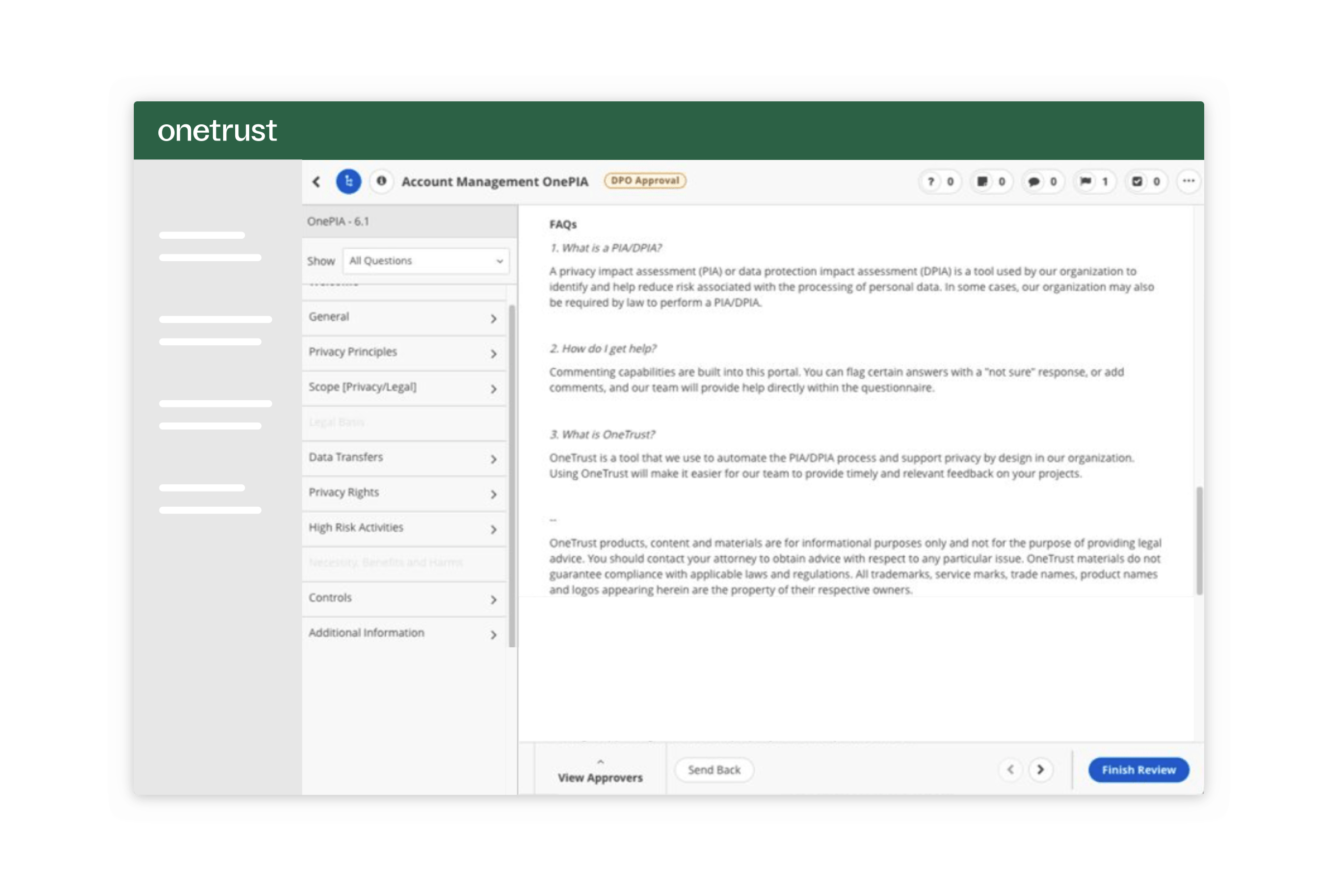 A screen from the General Data Protection Regulation (GDPR) where users can set up compliance FAQs.