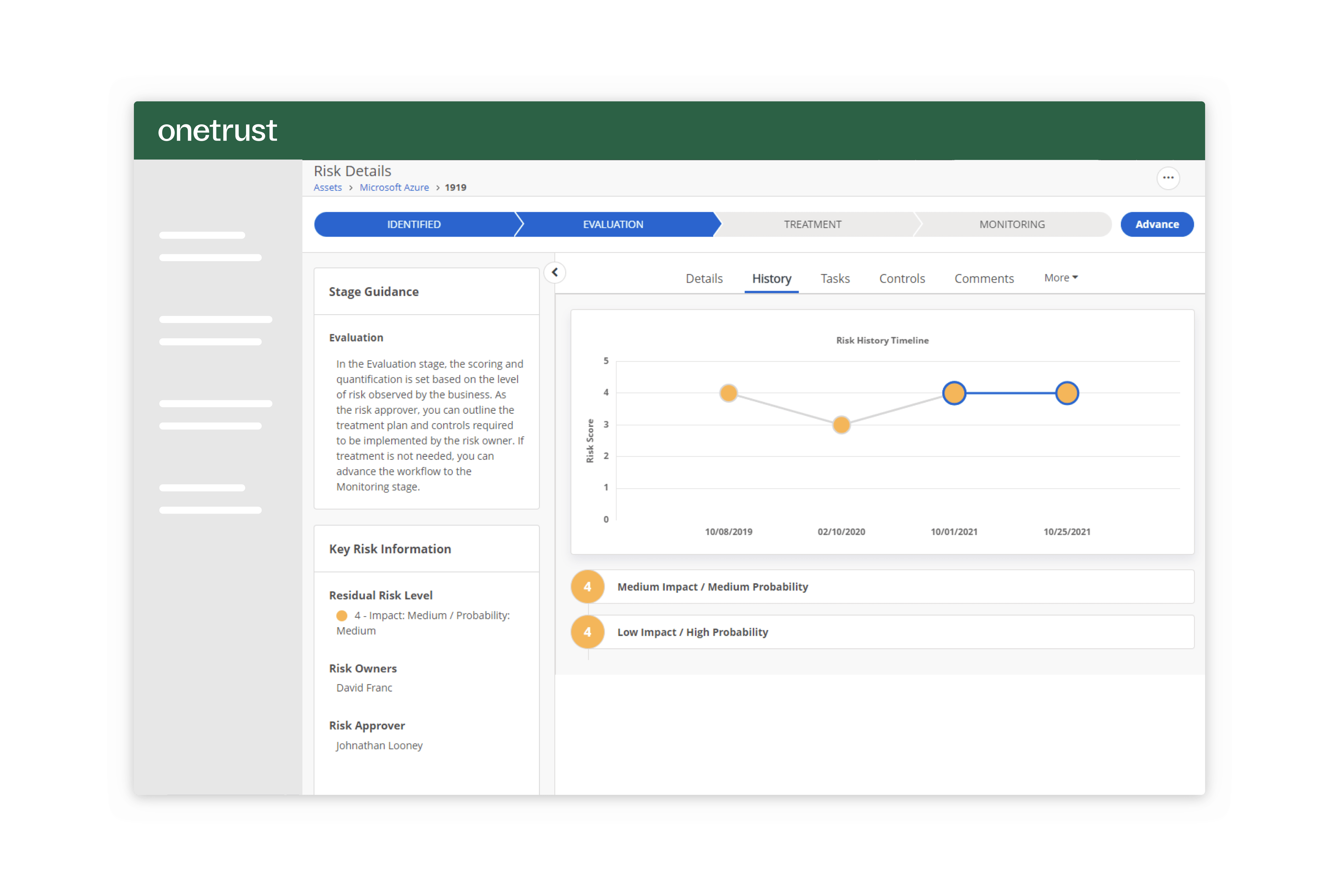 Section from the IT Risk and Security Assurance cloud that breaks down a risk workflow involved with an asset.