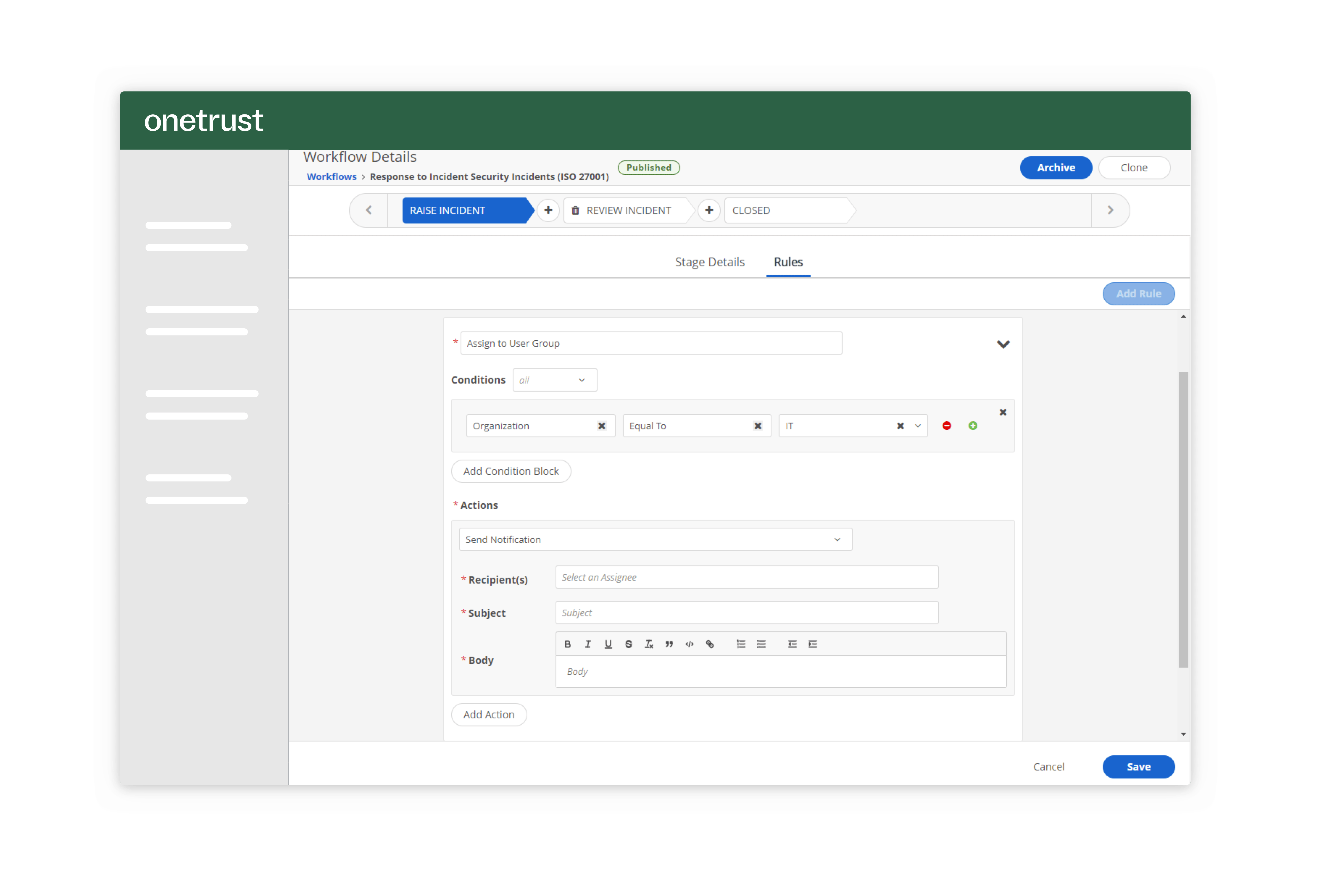 Screenshot from the IT Risk and Security Assurance cloud solution that shows a security incident workflow.