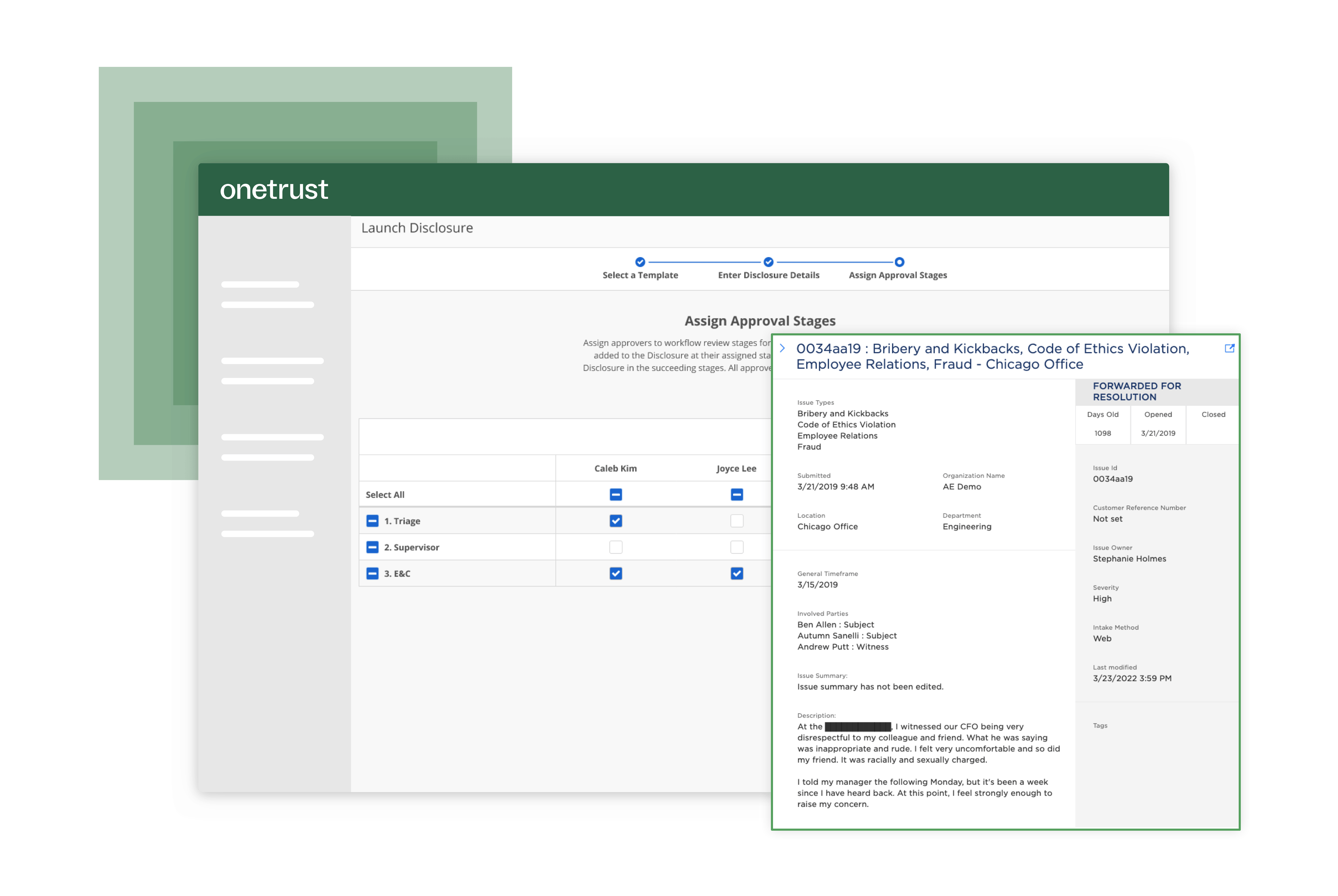 Sections from the Speak-Up Culture module that includes an incident report and workflow.