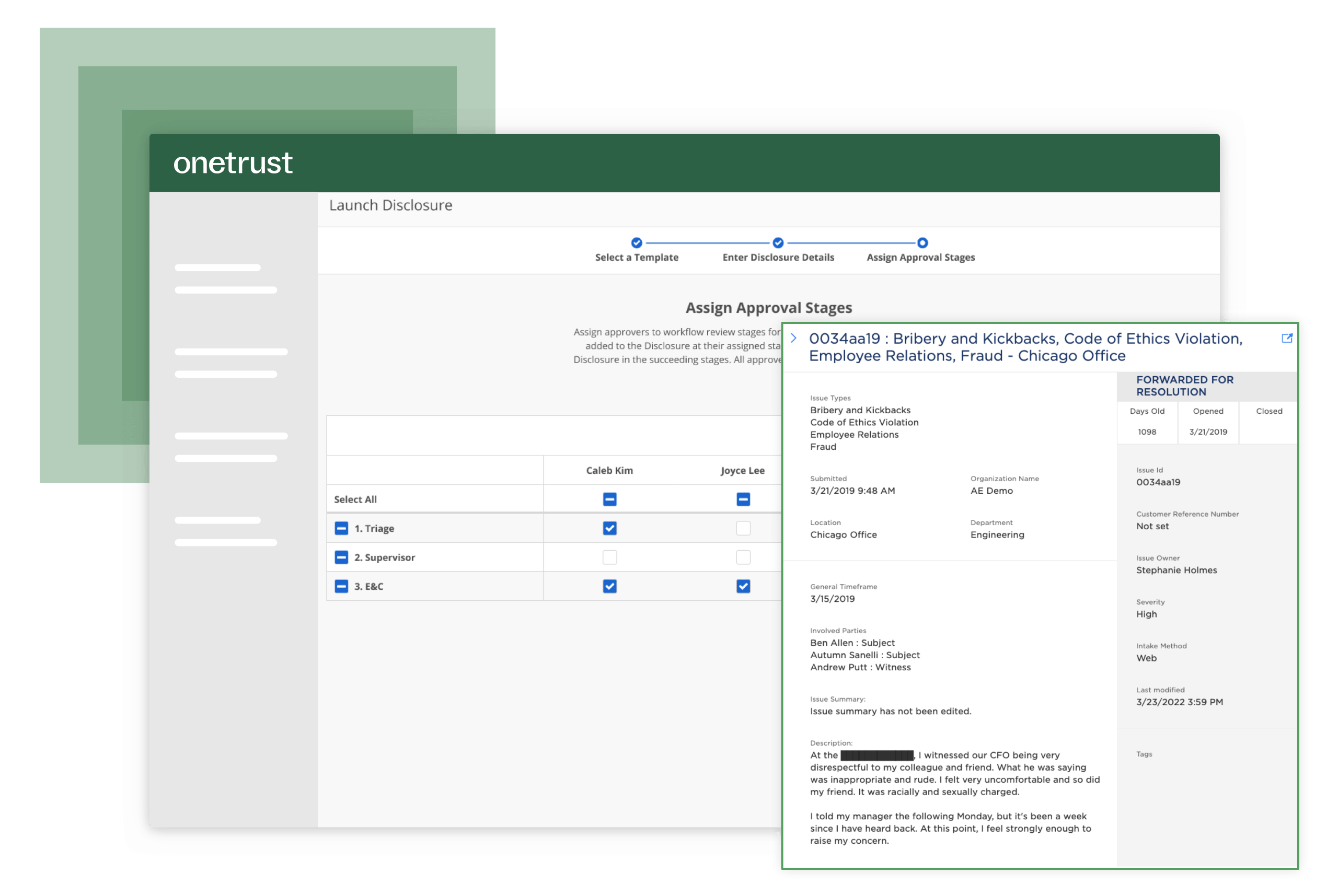 Sections from the Speak-Up Culture module that includes an incident report and workflow.