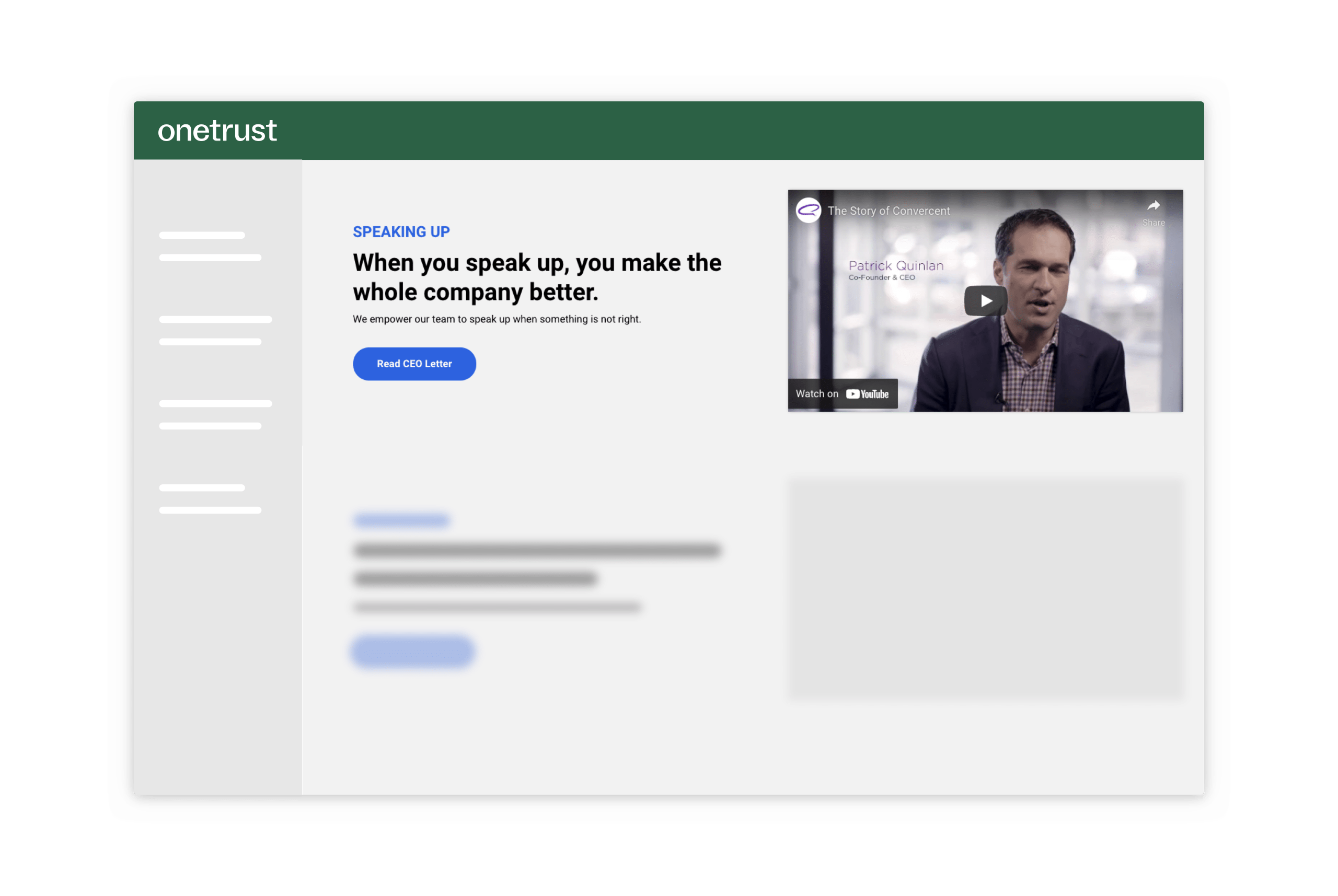 A screen from the Speak-Up Culture Assurance module that displays a YouTube video from a company's CEO explaining why protecting whistleblowers is important.