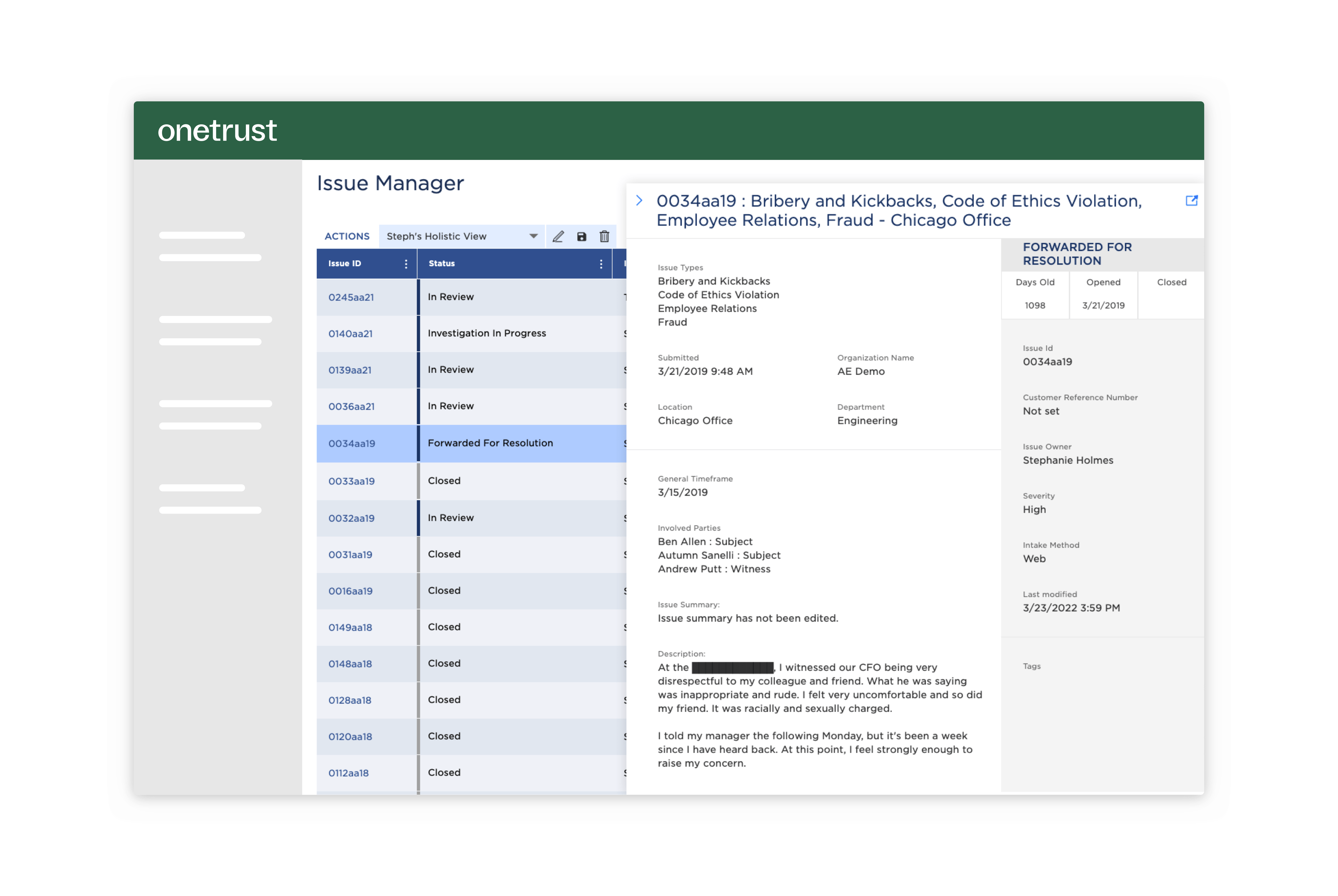 A portion from the Speak-Up Culture Assurance module that presents the user with a list of reported incidents.