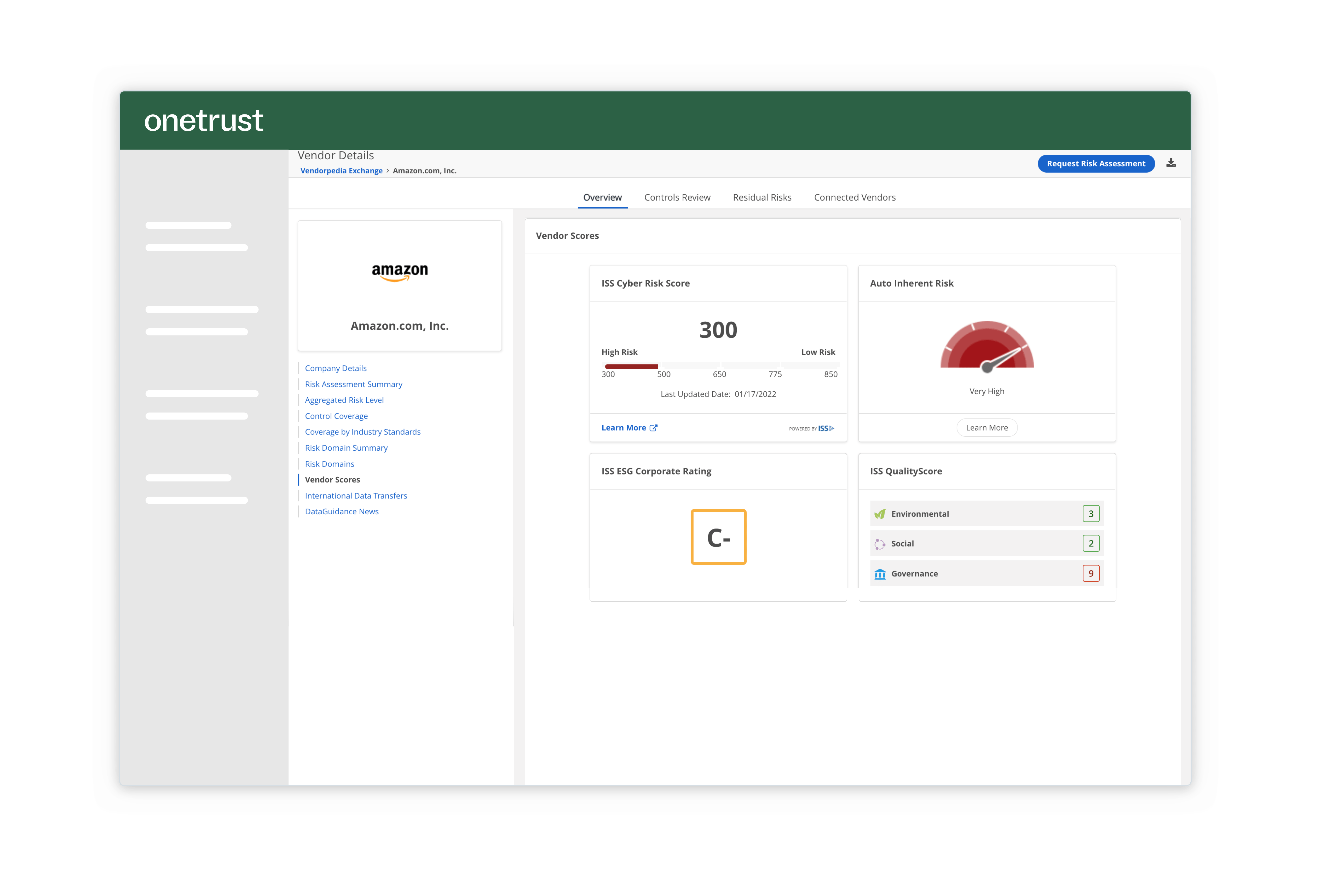The trust profile screen from the OneTrust Third-Party Risk module where you can assess the risk factors associated with a vendor.