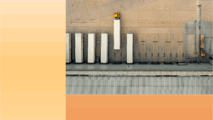Aerial view of trailers parked at a warehouse with the OneTrust step gradient orange and yellow.