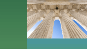 OneTrust landscape-oriented photo of a low-angle wide view of the Corinthian columns at the U.S. Supreme Court Building in Washington, DC with green and blue gradient colors.