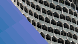 OneTrust image of a honeycomb architecture in a Singapore skyscraper with a purple step gradient shape to the left.