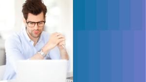 OneTrust image of a man in glasses staring at a laptop monitor with a step blue and purple gradient square to the right of the image.